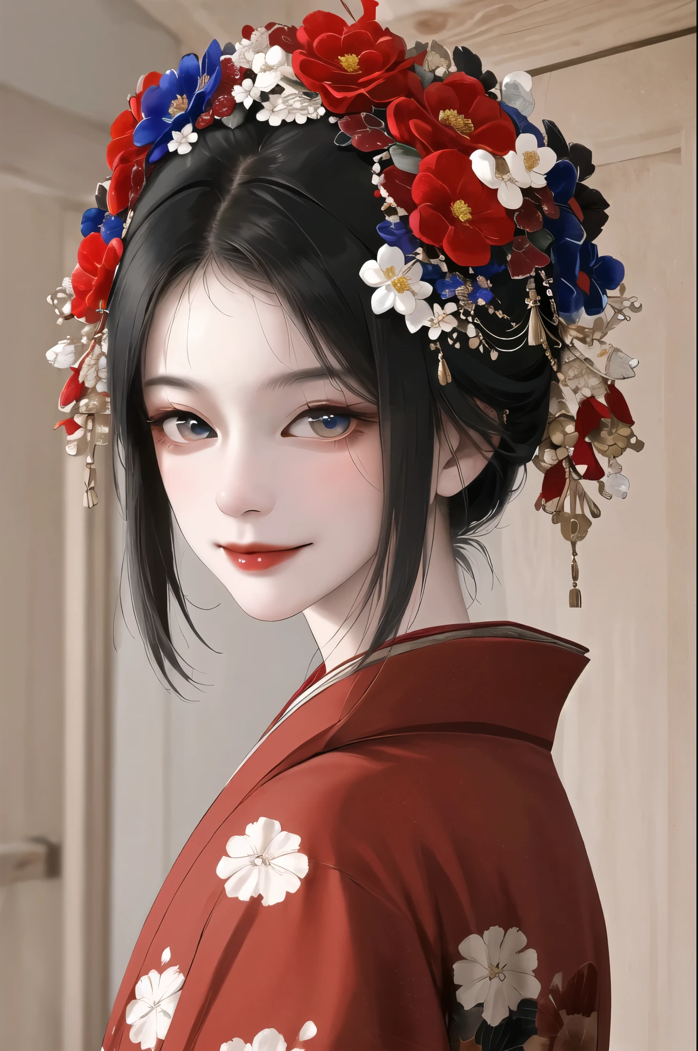 masterpiece,highest quality,disorganized,original,very delicate and beautiful,Beautifully detailed eyes and face,1 girl, black hair, flower, kimono, looking at the viewer, red flower, alone, (shiny skin),(masterpiece:1.4),(highest quality:1.4),realistic,robber girl,mature woman,mature woman,smile,red lips,closed mouth