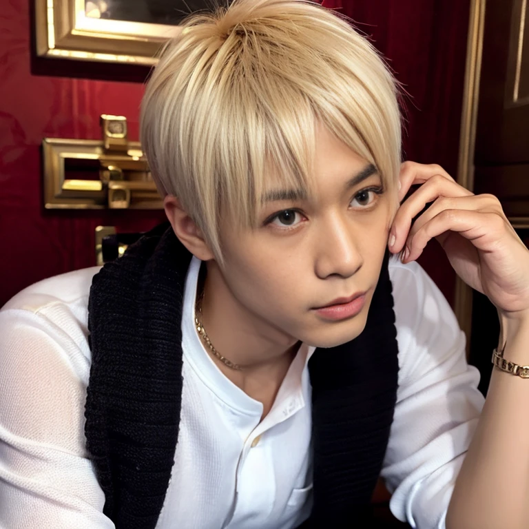 1 man, Japanese man, male, Asian eyes, muscular, broad shoulders, dragon,hairstyle Visual Kei style, hair Visual Kei, black men's shirt and black pants, ultra detailed face, hyperrealistic, realistic representation, 30 years old, age 30 years, blond, blonde hair