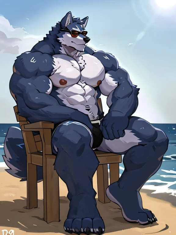 1 boy, solo, there is a blue wolf in a underwear, anthropology, wolf, hairy, blue and white fur, flex left arm muscles, korean muscle boy 2 1 years old, shirtless, the super hot and sexy, the extremely hot and sexy, robust stocky body, 30 year old man :: athletic, beach, half body, flex muscle, sit on chair,  sunglasses, side view