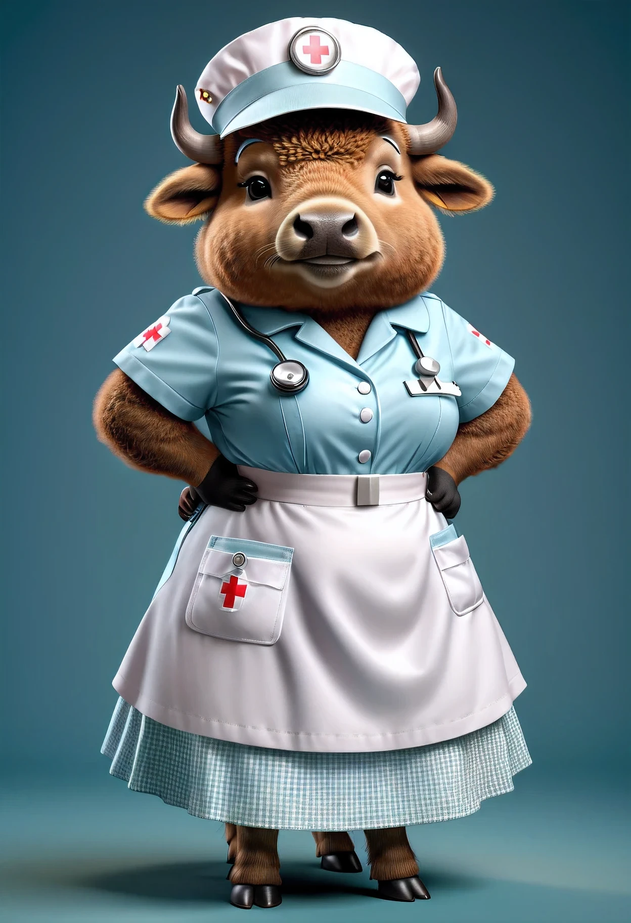 photorealistic portrait of Dressed animals - a ((fat)) cute buffalo nurse,(hands on hips:1.2),(), high quality,(lovely) ,intricate details, highly detailed (( nurse costume)), wearing nurse cap and skirt , highly detailed medical equipment , (happy), studio lighting,(),(simple background)