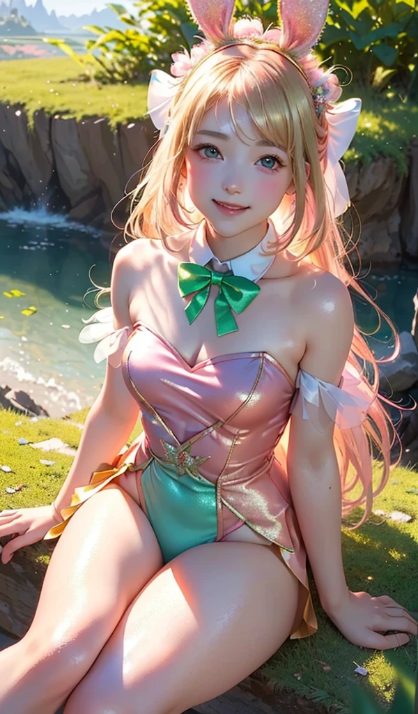 masterpiece, best quality, extremely detailed CG unity 8k wallpaper, (Upper Body head close-up shot of a beautiful  girl), Wendy, Elegant Long straight blonde hair, (Mckenna Grace), ((flat chest,thighs)), ((pink-green)) golden ((Glittering tutu,long Bunny Ear Headgear, , Bow-tie, )), ((sitting,Lean forward,from below)), (Blush), oil skin, (seductive smile), (Wonderland), pretty face, key art, award winning, intricate detail realism hdr, by (ruan jia and artgerm and range murata), Photorealism, Hyperrealism, ultra realistic, dramatic light, intense shadows, gorgeous view, depth of field
 
