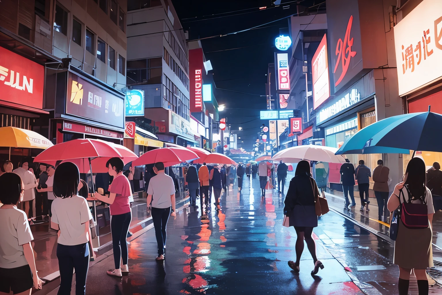 Shopping street at night during heavy rain、Many pedestrians holding umbrellas