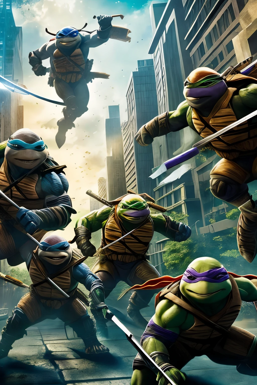 a group of ninja turtles,action-packed composition,dynamic