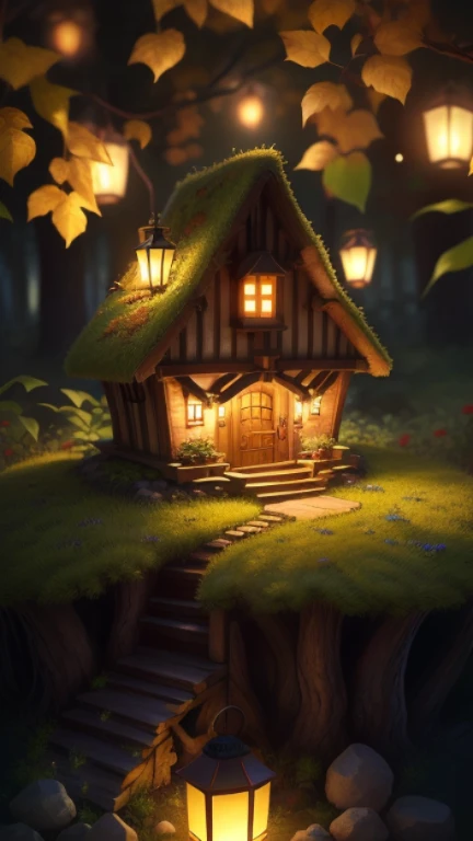 Hobbit-like elf anthill house, In the bushes in autumn, Lanterns hang from the branches, Sparkling butterflies and fireflies, 4K, semi-realistic