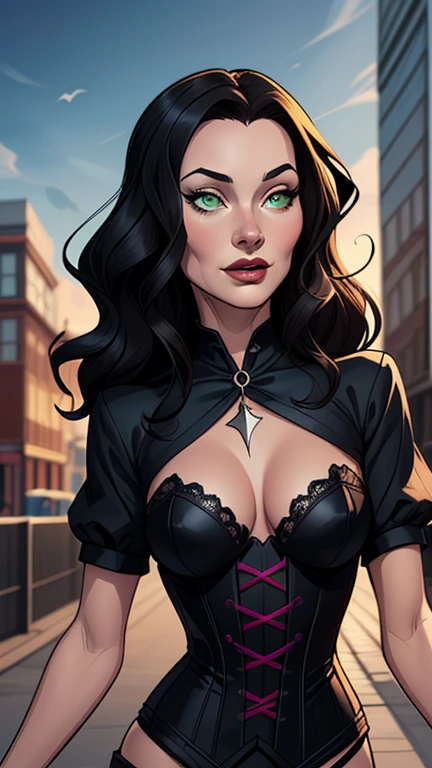  Turnaround sheetPersonagem Morticia Admas jovem Imagem de desenho animado de uma mulher .cartoon style illustration, estilo de arte dos desenhos animados, estilo de arte dos desenhos animados, digital illustration style, design de personagens altamente detalhado, arte digital detalhada fofa, City fan art, Design de personagens de retrato, beautiful digital illustration, retrato de alta qualidade, Arte em quadrinhos, mulher jovem. Green eyes Medium bust and wonderful witch outfit sensual corset costume. expression of sexual desire