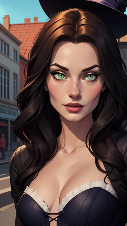  Turnaround sheetPersonagem Morticia Admas jovem Imagem de desenho animado de uma mulher .cartoon style illustration, estilo de arte dos desenhos animados, estilo de arte dos desenhos animados, digital illustration style, design de personagens altamente detalhado, arte digital detalhada fofa, City fan art, Design de personagens de retrato, beautiful digital illustration, retrato de alta qualidade, Arte em quadrinhos, mulher jovem. Green eyes Medium bust and wonderful witch outfit sensual corset costume. expression of sexual desire