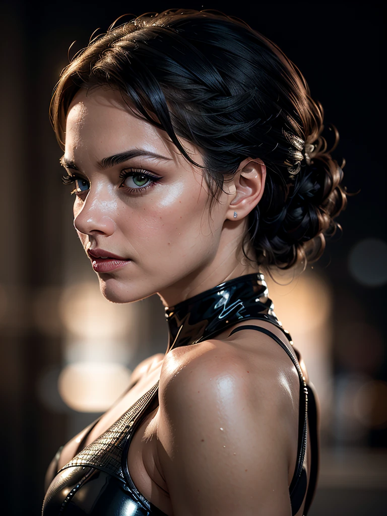From side, hyperrealism, (photorealistic:1.2), (film grain:1.3), masterpiece, best quality, perfect detail, cinematic lighting, professional photo, realistic photo, raw photo, realistic portrait, charming French woman 20 years old, dark hair, bob hairstyle, slim figure  , large breasts, black leather corset, black background, gothic lighting.