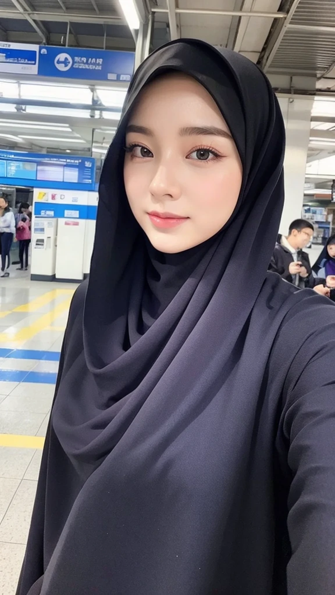 Realistic, ultra sharp, Beautuful Women、hijab, indonesian, train station、selfee、The face is cute、Vanrak Ayyans appears、1 girl, stylish