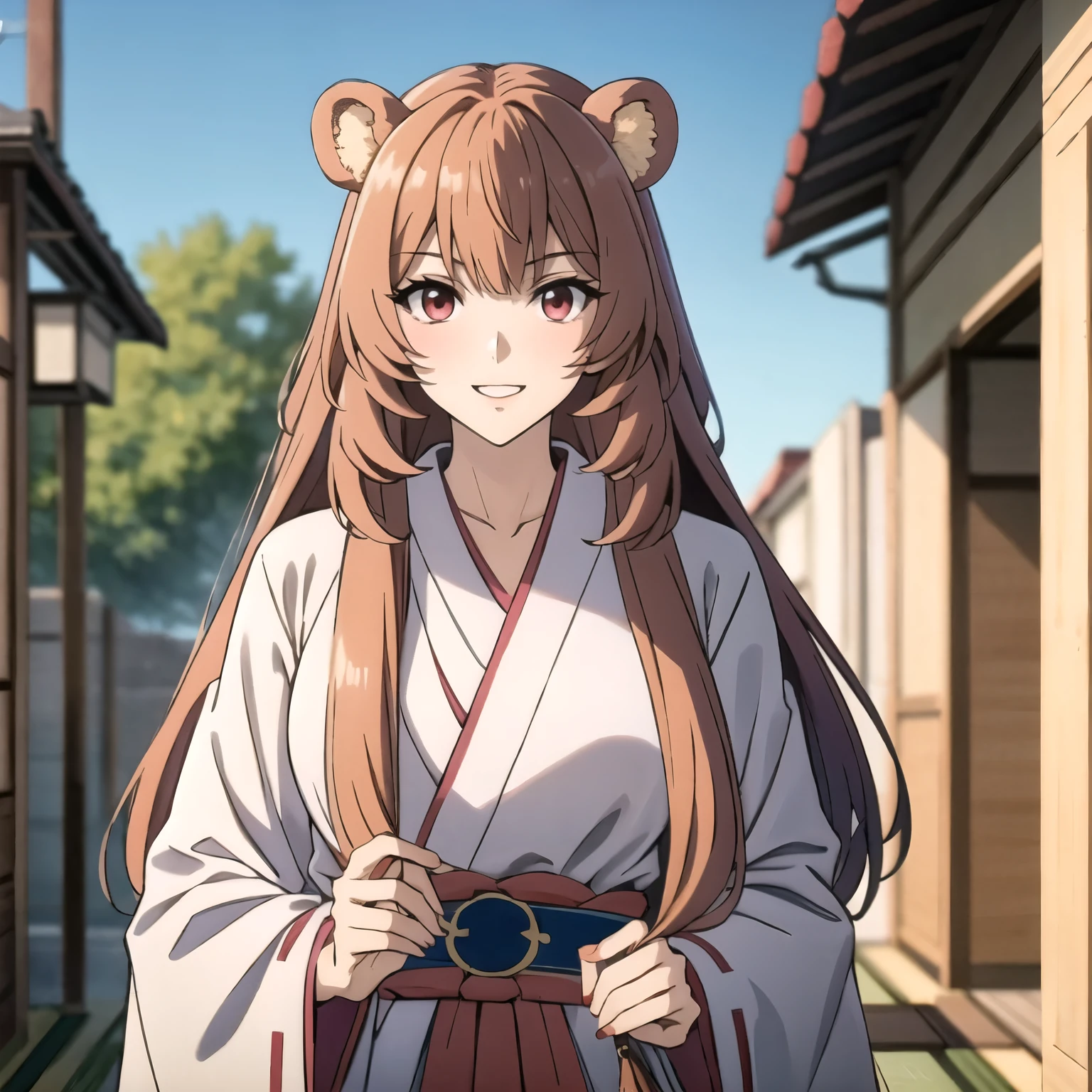 Raphtalia. beautiful woman 24 years old bear ears, cabello rubio anaranjado . red eyes like rubies. detallados alta calidad. piel clara , brillante. sonrisa mostrando los dientes, rubor , pechos grandes. escote, viste un kimono japones pare superior color blanco y parte inferior color rojo. pink belt, fondo unas calles de una ciudad oriental.