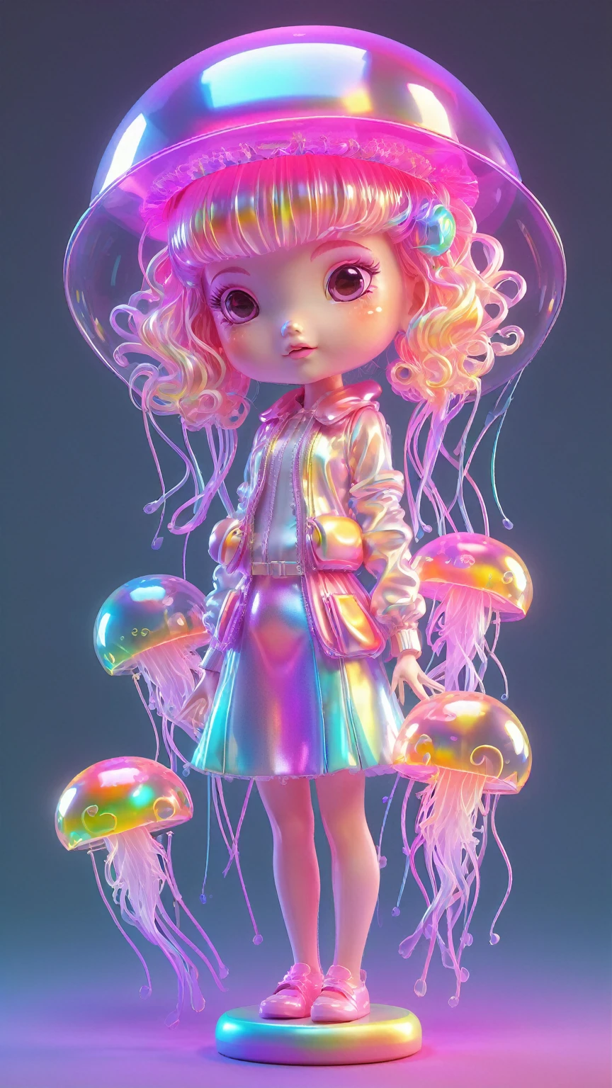 holographic,3d toy jellyfish girl,jellyfish,chibi,translucent,kawaii,Bauhaus,rich and colorful,Great lighting,3d,The art of math,Super details,Borderless,C4D,octane rendering,mixer,HD,whole body,