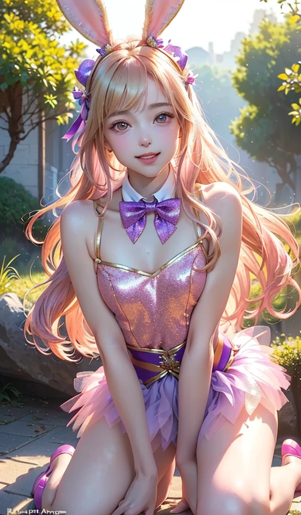 masterpiece, best quality, extremely detailed CG unity 8k wallpaper, (Upper Body head close-up shot of a beautiful little girl), Wendy, Elegant Long straight blonde hair, (Mckenna Grace), ((flat chest,thighs)), ((pink-Purple)) golden ((Glittering tutu,long Bunny Ear Headgear, , Bow-tie, )), ((Kneel,Lean forward,from below)), (Blush), oil skin, (seductive smile), (Wonderland), pretty face, key art, award winning, intricate detail realism hdr, by (ruan jia and artgerm and range murata), Photorealism, Hyperrealism, ultra realistic, dramatic light, intense shadows, gorgeous view, depth of field
 
