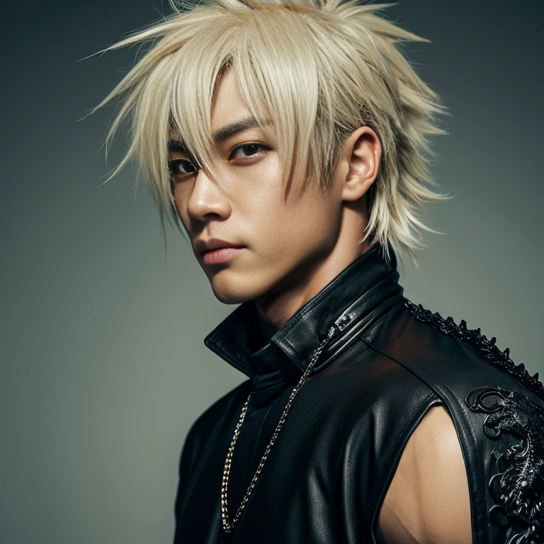 1 man, Japanese man, male, Asian eyes, muscular, broad shoulders, dragon,hairstyle Visual Kei style, hair Visual Kei, black men's shirt and black pants, ultra detailed face, hyperrealistic, realistic representation, 30 years old, age 30 years, blond, blonde hair