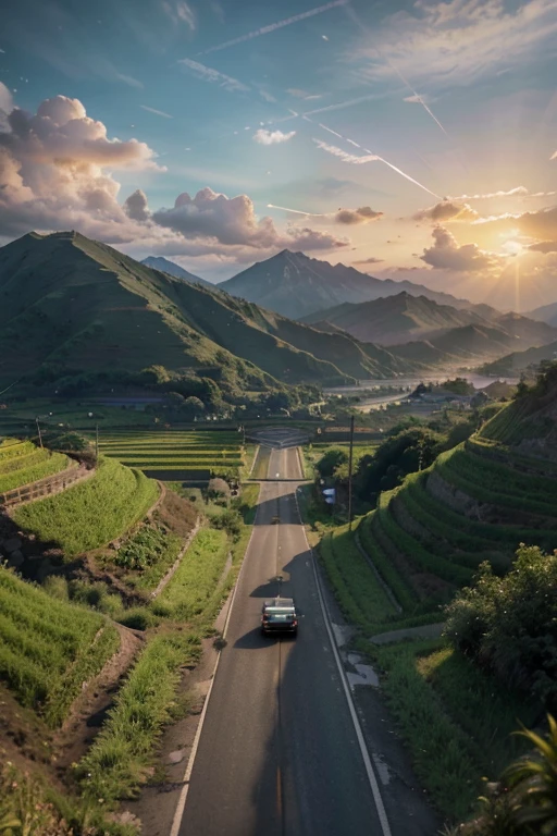 mountain views, roads, rice fields on the side of the road, sunrise. cinematic, Clockpunk, Gamercore, street level view, Blender rendering, 100mm, colorful, Medicalcore, strobe light , highly realistic, photorealistic, octane render, unreal engine, highly detailed, volumetric lighting, hdr, octane render, fantasy 4k 8K
