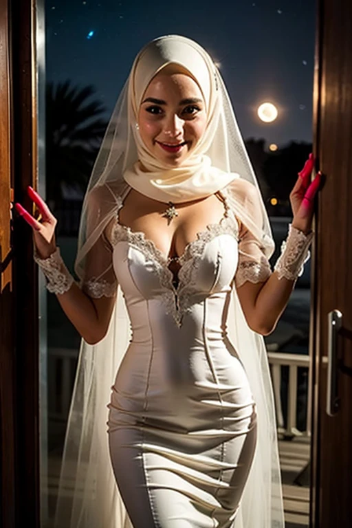 ((best quality:1.2)), ((masterpiece)), (detailed:1.2), 25 year old girl, proportional body and breasts, elegant arabic muslim mermaid gamis wedding dresses bridal gown with aesthetic hijab, chest area covered with loosely hijab, (smile:0.8), outdoor, night, mystical fireflies around her, under the glass moon, moonbeams,