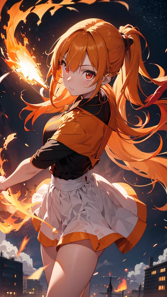 A fire goddess, Portrait, (blonde hair gradient orange hair end:1.6), (streaked glowing bright red hair:1.6), split long ponytail, hair strand, floating hair, (two huge red bells tied to ponytail), (Illusion red eyes), pupils sparkling, aqua eyes, (((orange glowing eyes))), like real eyes, orange red eyebrows, red lips, orange glowing red crystal earrings, red envelope jacket, glowing clothing masterpiece, Red nails, (Red katana), (((floating flame on katana))), (absurdly super large flame ring stand upright floating on the back:1.5), (((Floating in the sky of the city))), (((stand on the clouds))), Random pose, (((Hand holding glowing and burning katana))), (((spinning fire polo floating on finger))), glowing magic circle halo under the foot, glowing colored grain swirl around the body, burning flame around the body, Focus on face, Futurism, anime, sparkle, ray tracing, reflection light, god rays, backlighting, ((glowing light)), Ultra-Wide Angle, chiaroscuro, UHD, masterpiece, super detail, best quality, highres, ccurate, retina, textured skin, super detail face, perfect face, Super fine facial details, beautiful and delicate eyes, perfect eyes, anatomically correct, correct limbs, correct figner, super detail figner, best hair quality, best clothing quality, best prop quality, best halo detail and quality, best magic circle detail and quality, complex halo detail,