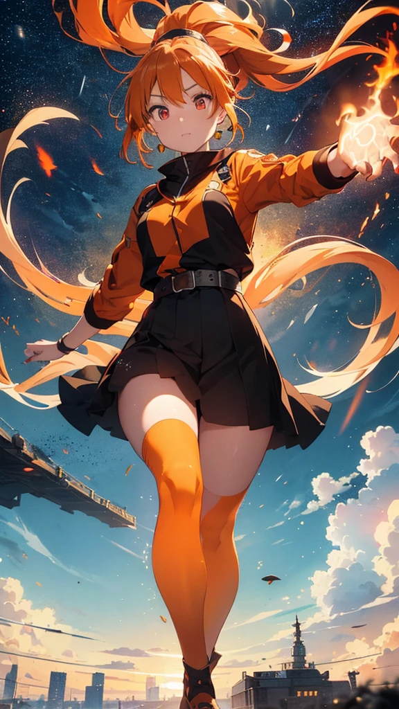 A fire goddess, Portrait, (blonde hair gradient orange hair end:1.6), (streaked glowing bright red hair:1.6), split long ponytail, hair strand, floating hair, (two huge red bells tied to ponytail), (Illusion red eyes), pupils sparkling, aqua eyes, (((orange glowing eyes))), like real eyes, orange red eyebrows, red lips, orange glowing red crystal earrings, red envelope jacket, glowing clothing masterpiece, Red nails, (Red katana), (((floating flame on katana))), (absurdly super large flame ring stand upright floating on the back:1.5), (((Floating in the sky of the city))), (((stand on the clouds))), Random pose, (((Hand holding glowing and burning katana))), (((spinning fire polo floating on finger))), glowing magic circle halo under the foot, glowing colored grain swirl around the body, burning flame around the body, Focus on face, Futurism, anime, sparkle, ray tracing, reflection light, god rays, backlighting, ((glowing light)), Ultra-Wide Angle, chiaroscuro, UHD, masterpiece, super detail, best quality, highres, ccurate, retina, textured skin, super detail face, perfect face, Super fine facial details, beautiful and delicate eyes, perfect eyes, anatomically correct, correct limbs, correct figner, super detail figner, best hair quality, best clothing quality, best prop quality, best halo detail and quality, best magic circle detail and quality, complex halo detail,