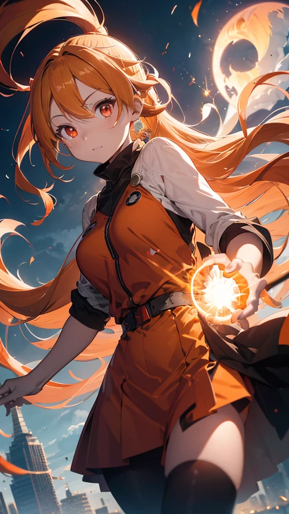 A fire goddess, Portrait, (blonde hair gradient orange hair end:1.6), (streaked glowing bright red hair:1.6), split long ponytail, hair strand, floating hair, (two huge red bells tied to ponytail), (Illusion red eyes), pupils sparkling, aqua eyes, (((orange glowing eyes))), like real eyes, orange red eyebrows, red lips, orange glowing red crystal earrings, red envelope jacket, glowing clothing masterpiece, Red nails, (Red katana), (((floating flame on katana))), (absurdly super large flame ring stand upright floating on the back:1.5), (((Floating in the sky of the city))), (((stand on the clouds))), Random pose, (((Hand holding glowing and burning katana))), (((spinning fire polo floating on finger))), glowing magic circle halo under the foot, glowing colored grain swirl around the body, burning flame around the body, Focus on face, Futurism, anime, sparkle, ray tracing, reflection light, god rays, backlighting, ((glowing light)), Ultra-Wide Angle, chiaroscuro, UHD, masterpiece, super detail, best quality, highres, ccurate, retina, textured skin, super detail face, perfect face, Super fine facial details, beautiful and delicate eyes, perfect eyes, anatomically correct, correct limbs, correct figner, super detail figner, best hair quality, best clothing quality, best prop quality, best halo detail and quality, best magic circle detail and quality, complex halo detail,