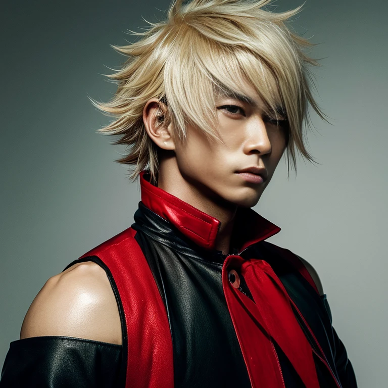 1 man, Japanese man, male, Asian eyes, muscular, broad shoulders, dragon,hairstyle Visual Kei style, hair Visual Kei, black men's shirt and black pants, ultra detailed face, hyperrealistic, realistic representation, 30 years old, age 30 years, blond, blonde hair