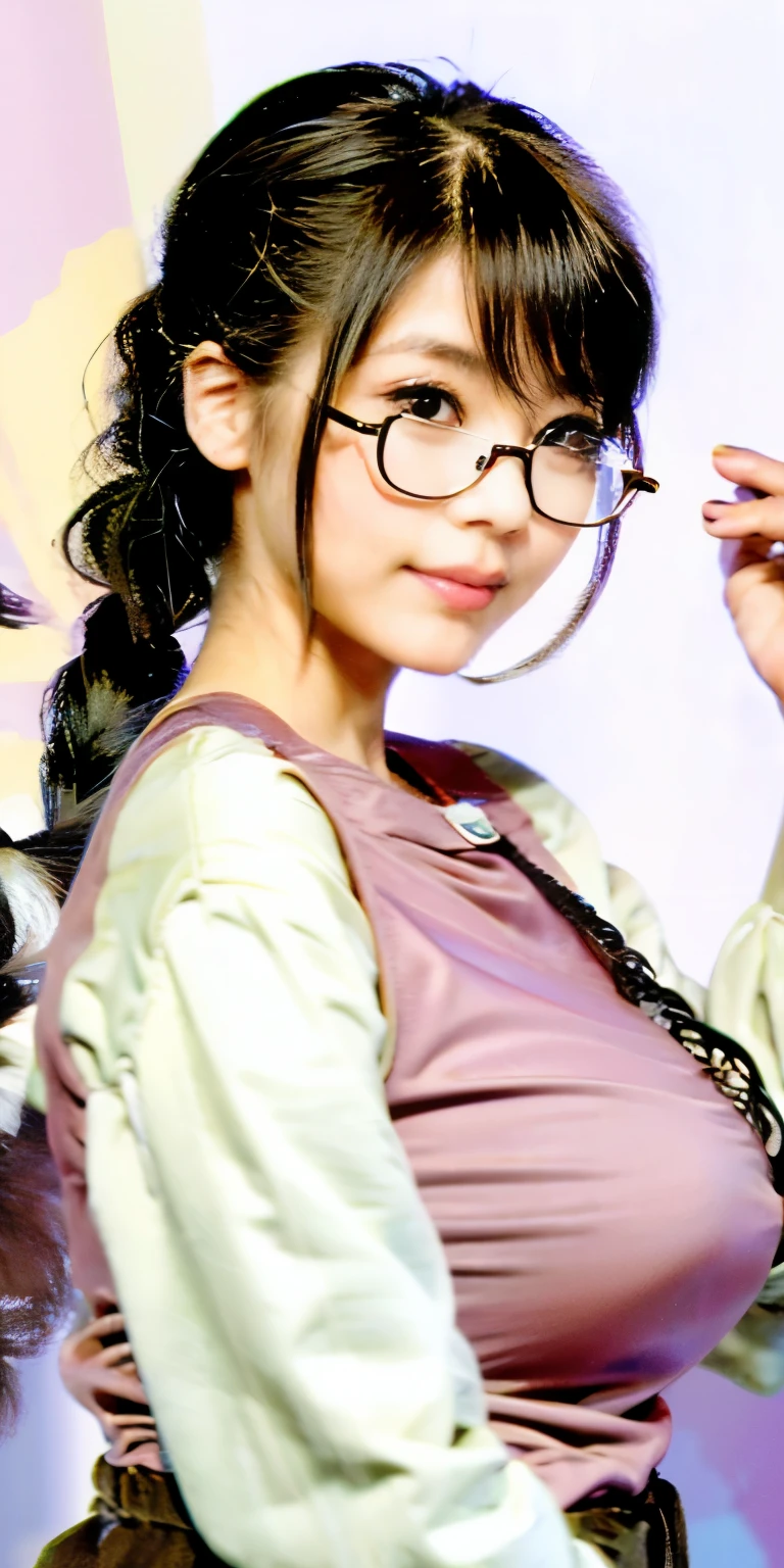 best image quality、136), (chesty:1.46), (l boobs ipst boobs ,Round glass、With a round face、Tanuki face、Braid、With a round face、Funny woman with round glass pigtails、30 years old、bbw、With a round faceの美しさ、clear eyes、With a round face、long eyelashes、(wearing glasses,round glasses、Round glassBraid、With a round face、black spot between eyebrows、w  ideas,Atol Oppa Library), (beautiful flower 、