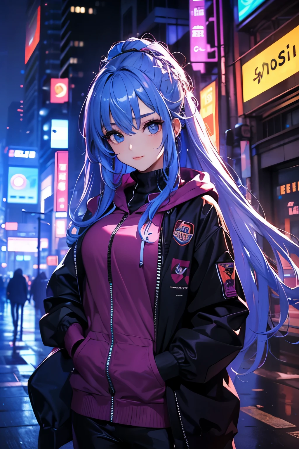ultra quality,detailed, masterpiece, 16k, high resolution, beautiful, amazing, charming, elegant, stylish
BREAK
1 girl, 24 years old, Height is 164cm, ((Bust size is 88cm))
BREAK
(Long Hairstyle: 1.3), Beautiful and delicate flowing hair, (Beautiful eyes), (Detailed eyes)
BREAK
(colorful loose hoodie:1.2), Futuristic outfit, cyber costume
BREAK
cyber punk, Vibrant, Futuristic, Neon lights, High-rise buildings, Holographic advertisements