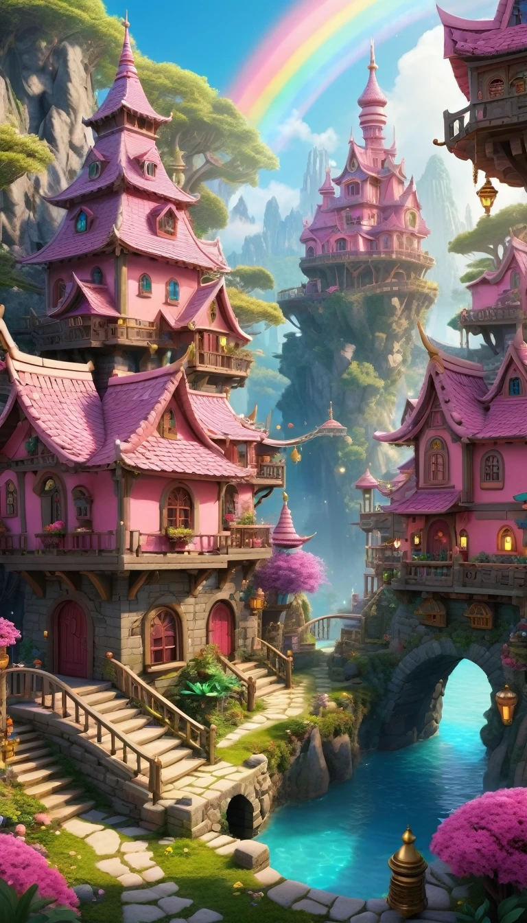 Surreal, Stereo view, air pressure, Ultra-detailed, Acura, best quality, 超HD, masterpiece, anatomically correct, 16K, high resolution,pink space,1 little girl,Located in magical village,Enchanted Forest Village,Village built with building blocks,错综complex的奇幻小镇, Find the lost treasure,Geometric space,Unordered regular three-dimensional pattern,There are tons of little dollhouses and buildings,Space for the rainbow,fantasy color fantasy treasure hunt fantasy,Mysterious treasure,sparkling treasure,Great numbers(cybernetics), art station, detailed, complex, Mathil, Digital art, HD, 8K, Whimsical fantasy landscape art, super detailed fantasy,Big breasts are beautiful, high quality,electronic 8k