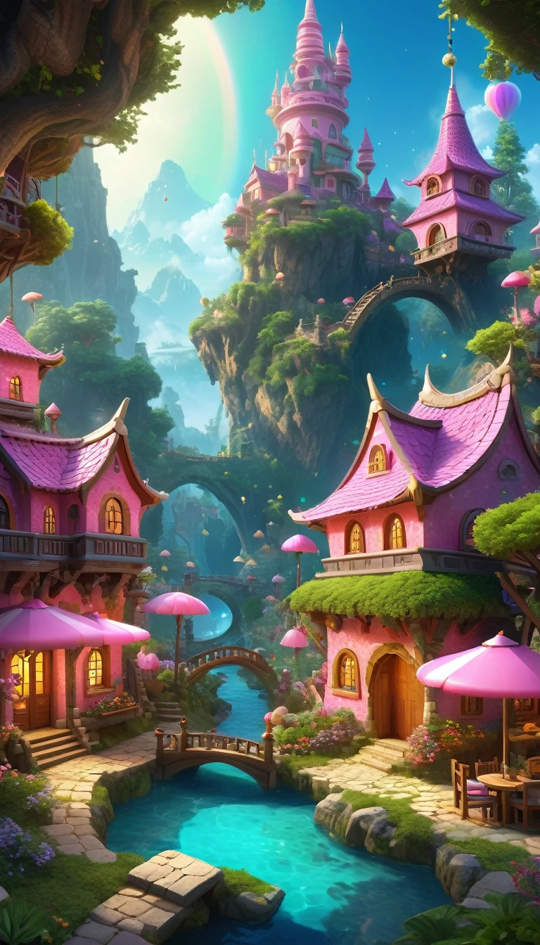 Surreal, Stereo view, air pressure, Ultra-detailed, Acura, best quality, 超HD, masterpiece, anatomically correct, 16K, high resolution,pink space,1 ,Located in magical village,Enchanted Forest Village,Village built with building blocks,错综complex的奇幻小镇, Find the lost treasure,Geometric space,Unordered regular three-dimensional pattern,There are tons of little dollhouses and buildings,Space for the rainbow,fantasy color fantasy treasure hunt fantasy,Mysterious treasure,sparkling treasure,Great numbers(cybernetics), art station, detailed, complex, Mathil, Digital art, HD, 8K, Whimsical fantasy landscape art, super detailed fantasy,Big breasts are beautiful, high quality,electronic 8k