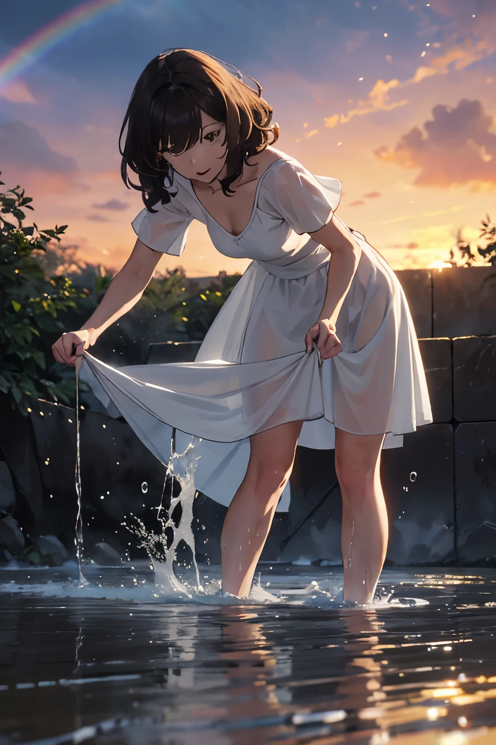 A mature woman in a white wet dress is getting wet in a rush, her top and bottom are misted, her curly brown hair is short, sunset, a masterpiece, a rainbow appears, looking from the front.