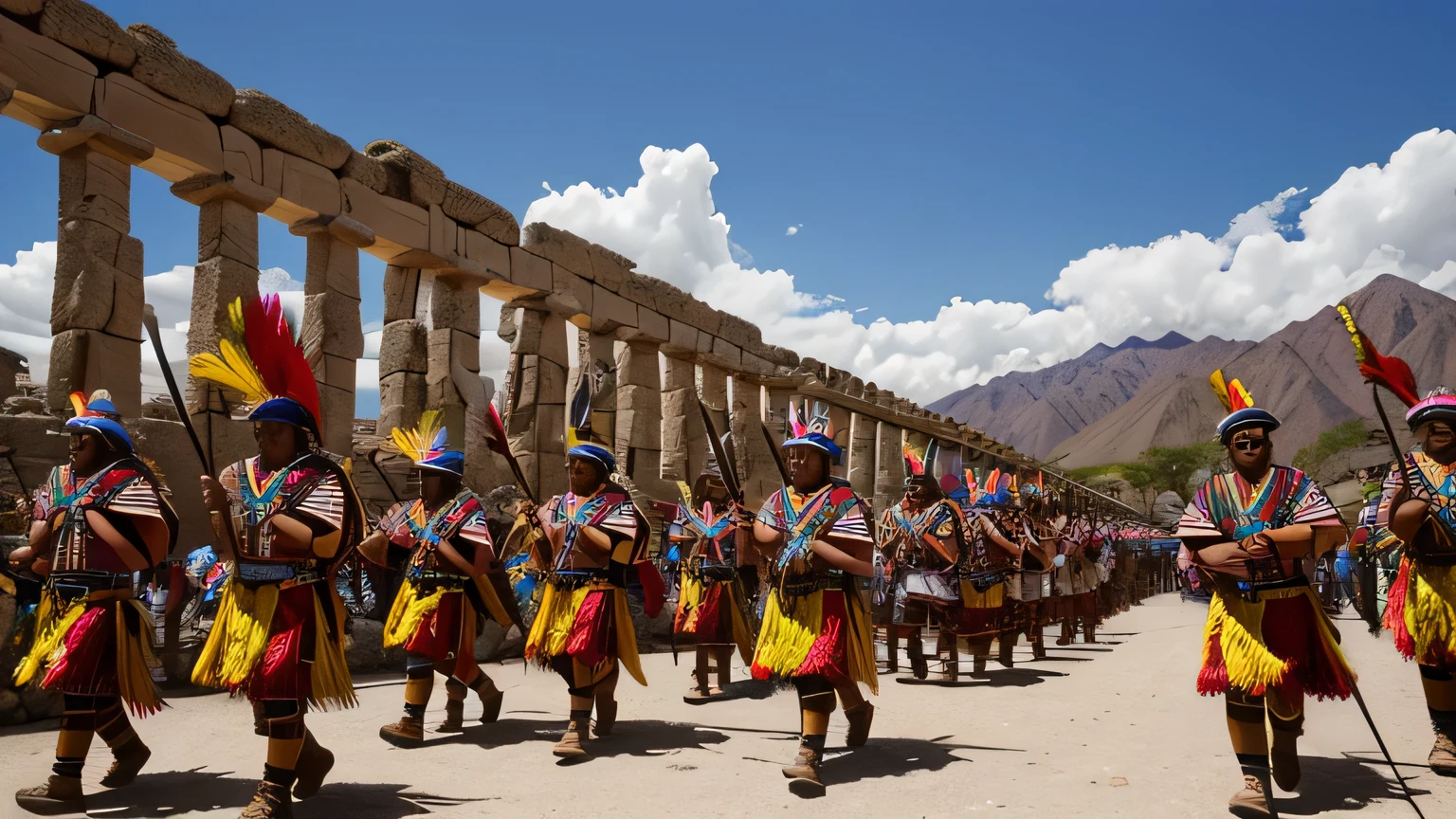 The Inca armies, adorned in vibrant feathers and intricate armor, march triumphantly through the ancient ruins, bringing a sense of joy and celebration to the pre-Columbian era.