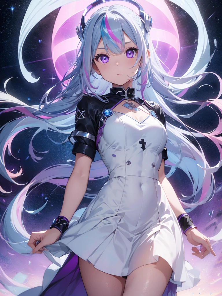 a goddess of light, (Silver blue hair streaked pink purple:1.4), (Gradient sky blue hair ends:1.6), hair strand, absurdly long hair, single sidelock, wavy hair, shiny hair, floating hair, (glowing Illusion deep purple eyes), delicate eyes, aqua eyes, High like real eyes, ((glowing eyes)), makeup, Focus on face, Very detailed facial, hot body, Random environment, Random pose, on the street, looking at the starry night sky, meteor, glowing clothing masterpiece, (((pure White extra long floating skirt and silver white armor))), (((floating several glowing colored cross stars beside))), Colored lights swirl around the body, (((glowing Extra large Illusion multiple complex magic circle stand upright floating on the back of the head))), full body shot, realism, chiaroscuro, (glowing light), sparkle, ray tracing, cinematic lighting, Futurism, motion blur, Ultra-Wide Angle, god rays, atmospheric perspective, best quality, UHD, super detail, masterpiece, highres, ccurate, retina, textured skin, super detail face, perfect face, Super fine facial details, beautiful and delicate eyes, perfect eyes, anatomically correct, correct limbs, correct figner, super detail figner, best hair quality, best clothing quality, best prop quality, best halo detail and quality, best magic circle detail and quality, complex halo detail,