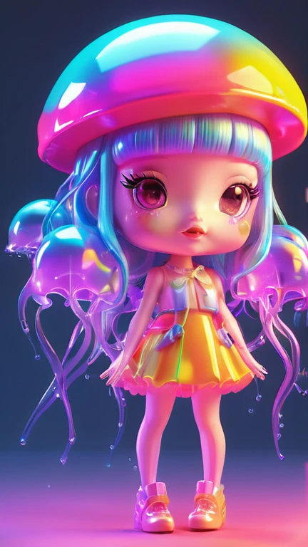 holographic,3d toy jellyfish girl,jellyfish,chibi,translucent,kawaii,Bauhaus,rich and colorful,Great lighting,3d,The art of math,Super details,Borderless,C4D,octane rendering,mixer,HD,whole body,