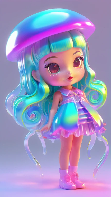 holographic,3d toy jellyfish girl,jellyfish,chibi,translucent,kawaii,Bauhaus,rich and colorful,Great lighting,3d,The art of math,Super details,Borderless,C4D,octane rendering,mixer,HD,whole body,