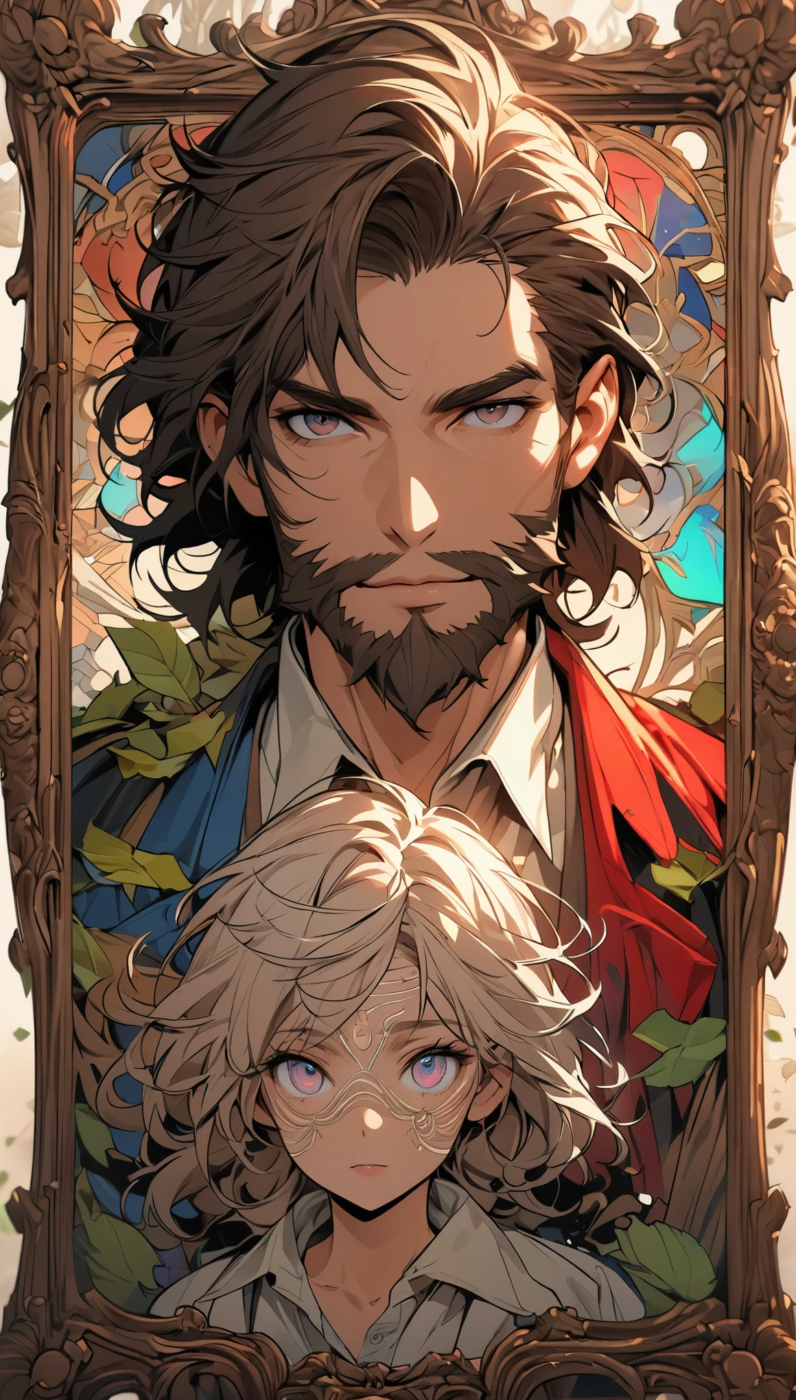 Portrait RPG, Copper frame, close up, Race: dwarf, gender: male, age: 30 years, Eye: dark brown; color: light skin, hair: curly brown, constitution: color肥胖, facial features: leafy beard, Express: Cheerful look, equipment: dwarf King clothing, background: framed simple portrait, Alphonse Mucha (masterpiece, best quality, High: 1.4), detailed, intricate details, 4K, splash of color, line art, Fibonacci