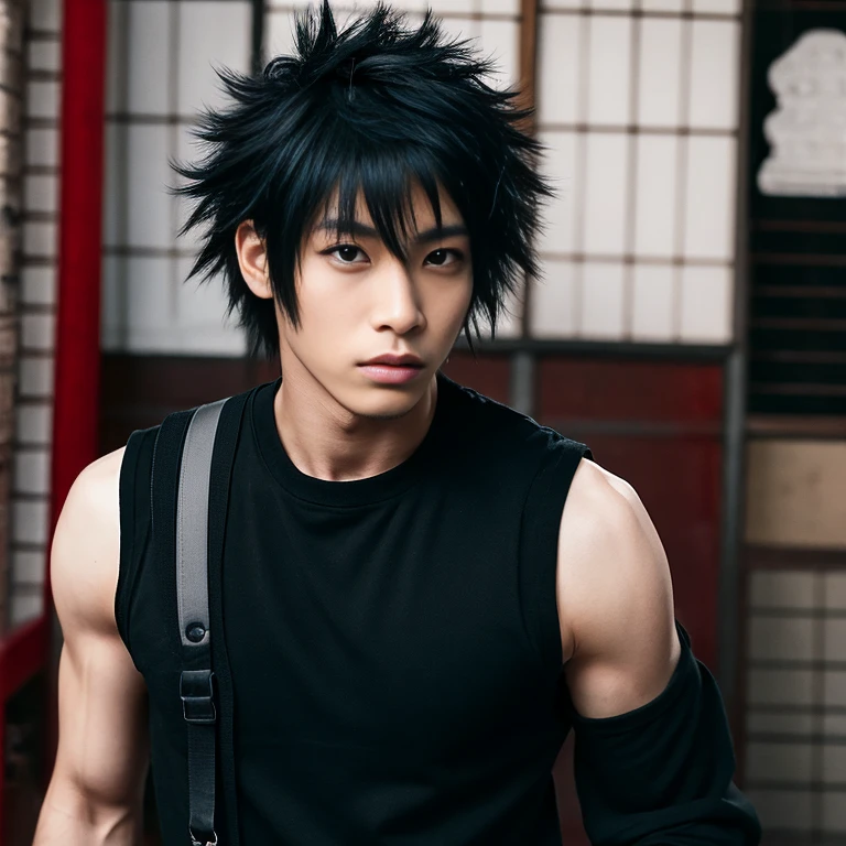 1 man, Japanese man, male, Asian eyes, muscular, broad shoulders, dragon,hairstyle Visual Kei style, hair Visual Kei, black men's shirt and black pants, ultra detailed face, hyperrealistic, realistic representation, 30 years old, age 30 years