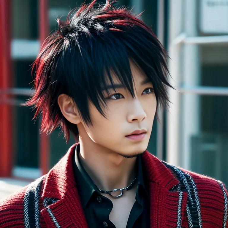 1 man, Japanese man, male, Asian eyes, muscular, broad shoulders, dragon,hairstyle Visual Kei style, hair Visual Kei, black men's shirt and black pants, ultra detailed face, hyperrealistic, realistic representation, 30 years old, age 30 years
