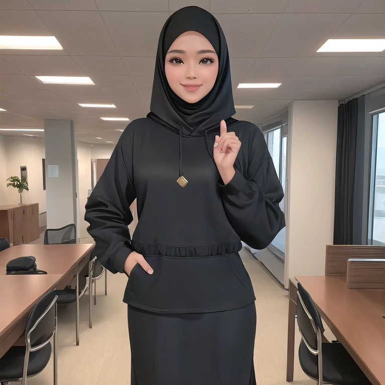Multiple_girls, 1girls, Group_picture, lineup, standing, best quality, masterpiece, RAW, close up, photorealistic render, portrait view, office room, a young beautiful woman wearing a long hijab and black hoodie standing in front of the camera, long skirt, black long dress, loose clothes, black jacket, full cover body, three different skin tones, 3 different races, modern office interior, smiling, upper body shot, beautiful face, high detail, brown eyes, medium shot view, realistic body proportion, perfect body, cinematic lighting, cinematic view, dramatic lighting, intricate, The artwork should be centered, nice finger pose, minimalist house background, sunny day,