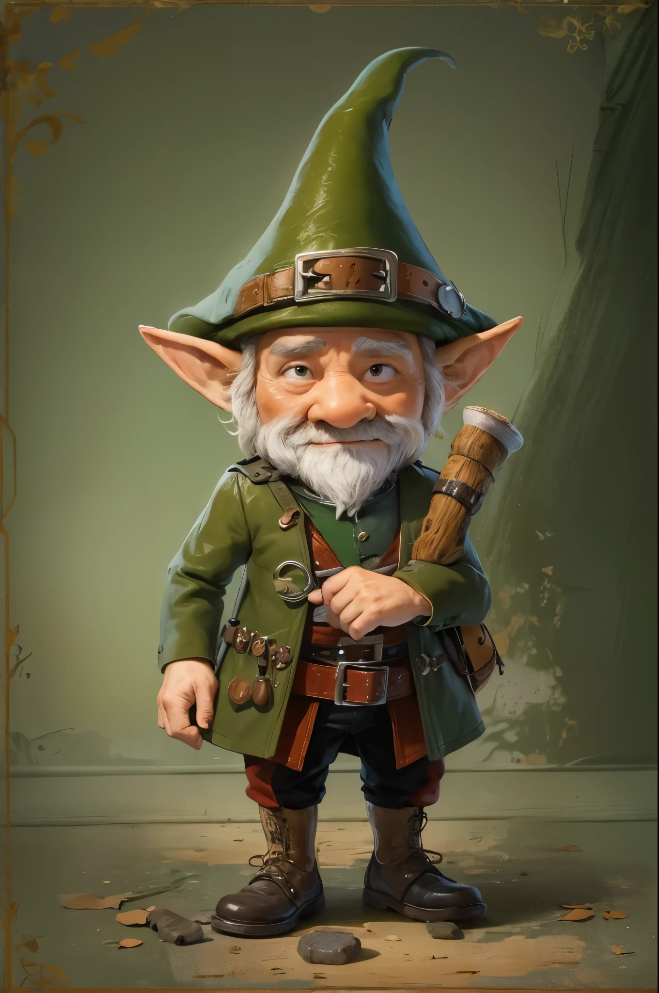 (master piece), 8k, best quality, cartoon, Leprechaun, tiny little man, 1 meter tall, red hair, red beard, old man, wrinkled skin, thick nose, brown eyes and pointed elf ears, which denote his magical nature , green clothing, often accompanied by a red cap, a strange green three-cornered hat, a leather apron, pipe, small old and worn hammer, shoes with buckles complete his characteristic attire.