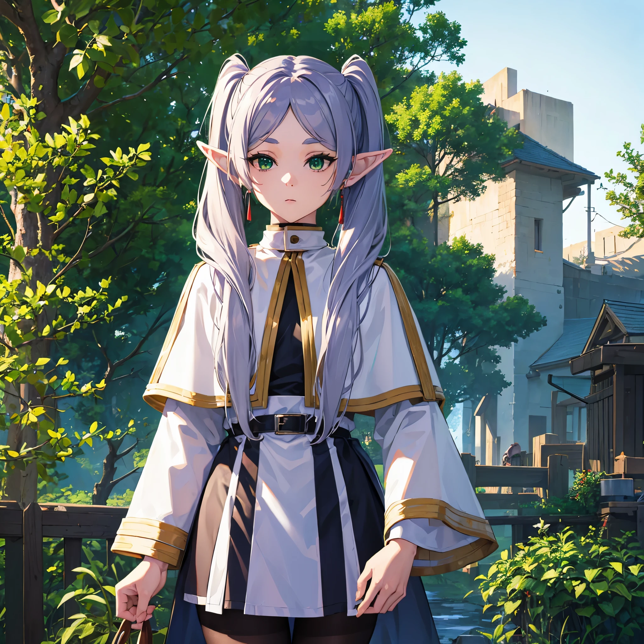 frieren, frieren, long hair, twintails, (green eyes:1.5), grey hair, pointy ears, elf, BREAK shirt, long sleeves, jewelry, pantyhose, earrings, striped, black pantyhose, capelet, striped shirt, BREAK outdoors, sky, nature, BREAK looking at viewer, (cowboy shot:1.5), BREAK (masterpiece:1.2), best quality, high resolution, unity 8k wallpaper, (illustration:0.8), (beautiful detailed eyes:1.6), extremely detailed face, perfect lighting, extremely detailed CG, (perfect hands, perfect anatomy),