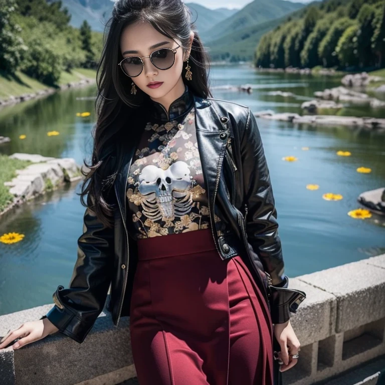 Wear thick gold-framed sunglasses,32K(tmasterpiece,k hd,hyper HD,32K)Burgundy double ponytail,Silver Skull Abandoned Area of the Pond,Indigo Skull King ,Hold the big G steering wheel (The skeleton is realistic:1.4),Skull pattern robe,Silver skull flower ornaments,Petals flutter,Colored ball head,Hold your head high,Be proud,The nostrils look at people, A high resolution, the detail, RAW photogr, Sharp Re, Nikon D850 Film Stock Photo by Jefferies Lee 4 Kodak Portra 400 Camera F1.6 shots, Rich colors, ultra-realistic vivid textures, Dramatic lighting, Unreal Engine Art Station Trend, cinestir 800,Hold your head high,Be proud,The nostrils look at people,Tsundere,Petals flutter,Petals flutter,Sprinkle with gold dust,Fluttering,Impeccable,( reasonable design, Clear lines, High sharpness,Best quality, Very detailed skeleton, The skeleton of a masterpiece, offcial art, movie light effect, 4K skeleton(((Wear thick gold-framed sunglasses)))