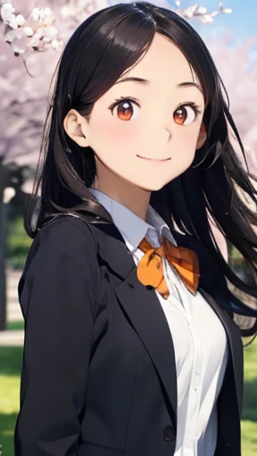 highest quality、realistic、Japanese、girl、cute、smile、orange eyes、long hair、all back、black hair、White blazer with forehead exposed、white blouse、Blue checked pleated skirt、Cherry tree in full bloom