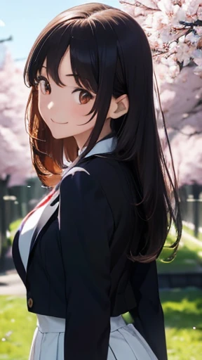 highest quality、realistic、Japanese、girl、cute、smile、orange eyes、long hair、all back、black hair、White blazer with forehead exposed、white blouse、Blue checked pleated skirt、Cherry tree in full bloom