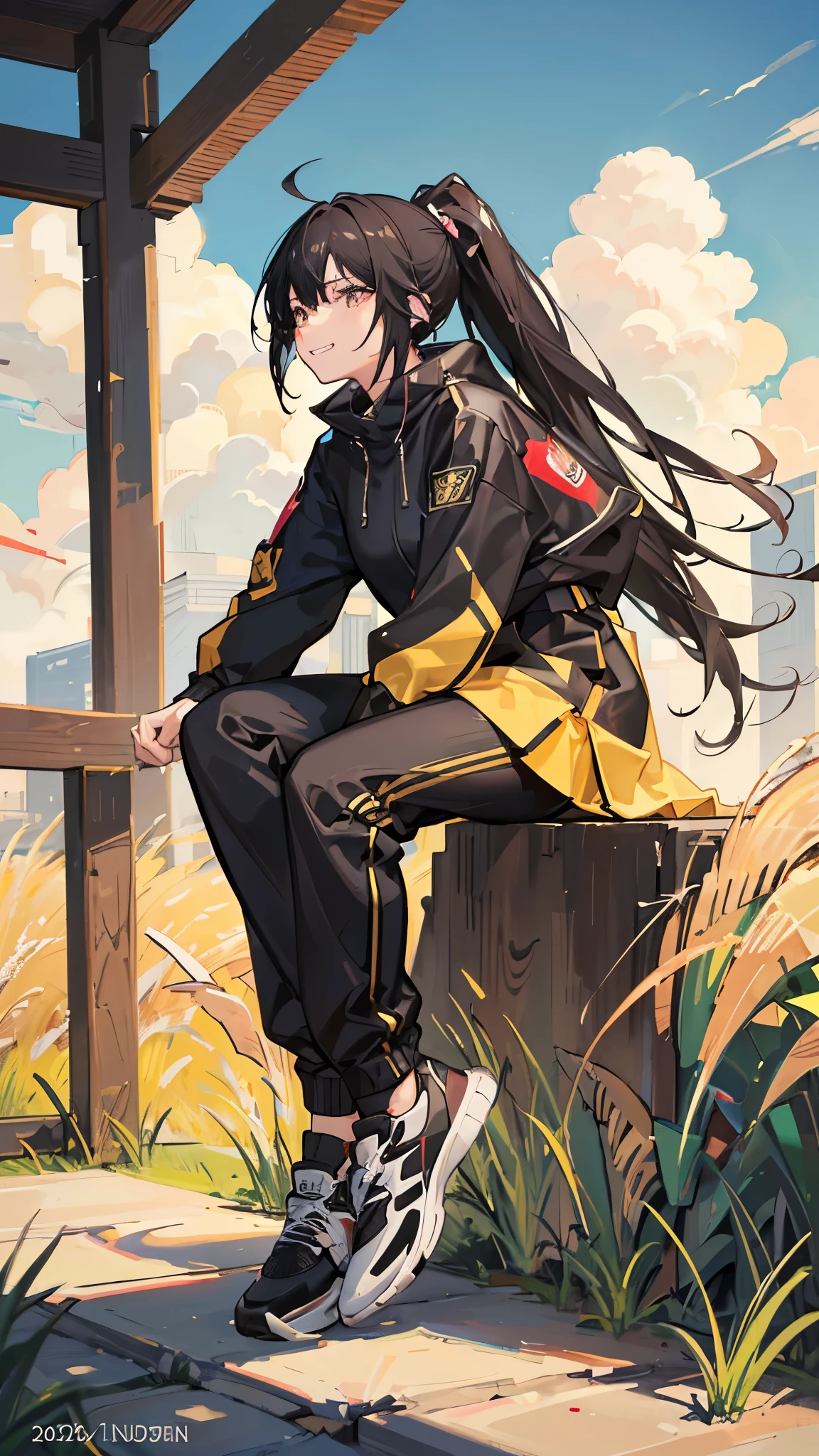 black hair, ahoge, ponytail, parted bangs, grin, happy, black eyes, young girl, very high, robust, Wheat skin, Chinese girl, Sitting under the tree, Bold and unrestrained, Campus background, Clear sky, wave, Side view, full-body shot, anime style, backlighting, 8k, super detail, UHD, high details, anatomically correct，sportswear，trousers，Black running shoes，sports student，athlete，Handsome woman，The bodhisattva sits，sit on the ground，Sit under a tree