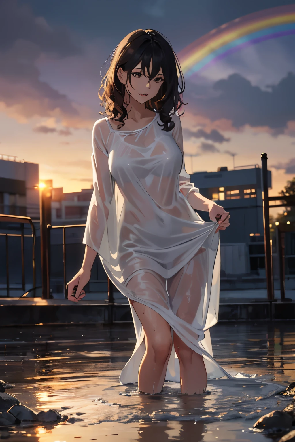 A mature woman in a white wet dress is getting wet in a rush, her top and bottom are misted, her curly brown hair is short, sunset, a masterpiece, a rainbow appears, looking from the front.