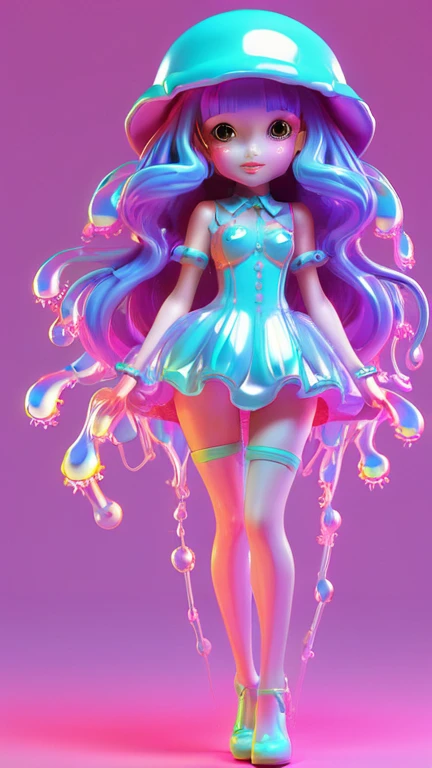 holographic,3d toy jellyfish girl,jellyfish,chibi,translucent,kawaii,Bauhaus,rich and colorful,Great lighting,3d,The art of math,Super details,Borderless,C4D,octane rendering,mixer,HD,whole body,