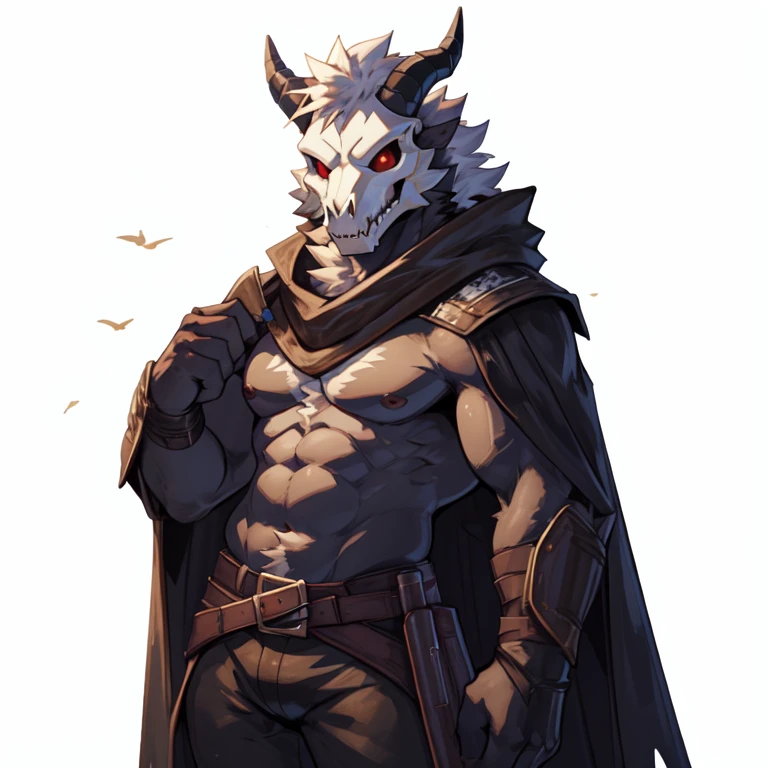 solo, goat horns, black dragon, black scalie, fully black body, black chest, goat skull mask, goat skull, skull mask, red eyes, white hair, white chest tuft, 1 boy, (pose:1.3), (posing:1.3), 4k, hi res, detailed face, 1boy, no , adventurer outfit, brown belt, yellow cape, yellow poncho, sword on waist, uploaded to e621, topless, shirtless, by zackary911, by haps, by kattalu, by jarlium,by zex, white background,