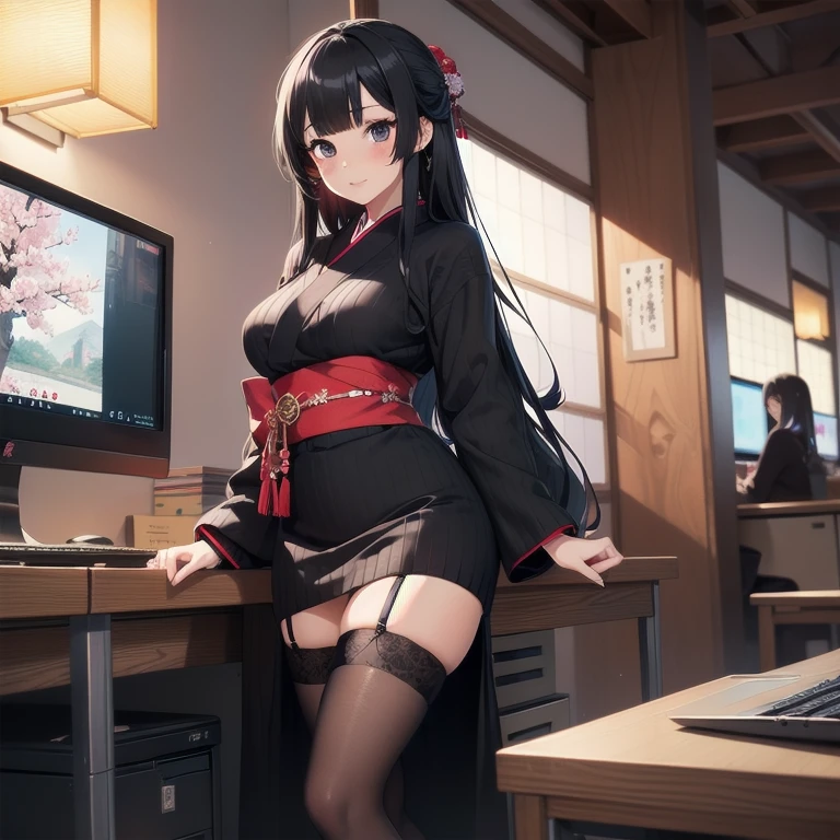 Anime girl sitting at desk in underwear holding computer, seductive anime girls, eechi, azur lane style, small curvaceous , On a table, Fine details. Girl Front, Edgeie anime style, oppai, (sfv) safe to work, hanayamata, pixiv 3dcg, Kantai collection style, noire photo