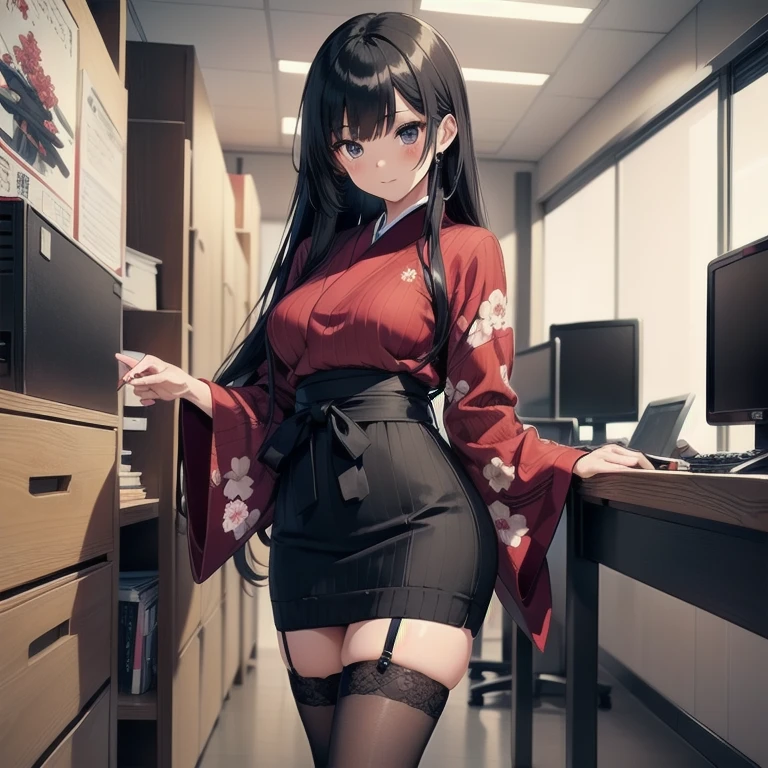 1girl, anime, black eyes, long black hair with square bangs, very long black hair, super long black hair, skirt and stockings, heels, black Japanese style kimono mixed with ribbed black sweater with red accents and sakura floral design, ((ribbed black sweater)) adult, (Japanese shrine/temple background), gamer, (((gamergirl))), (((office lady))), kimono sleeves, garter, graceful