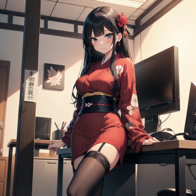 1girl, anime, black eyes, long black hair with square bangs, very long black hair, super long black hair, skirt and stockings, heels, black Japanese style kimono mixed with ribbed black sweater with red accents and sakura floral design, ((ribbed black sweater)) adult, (Japanese shrine/temple background), gamer, (((gamergirl))),  (((office lady))), kimono sleeves, garter, graceful