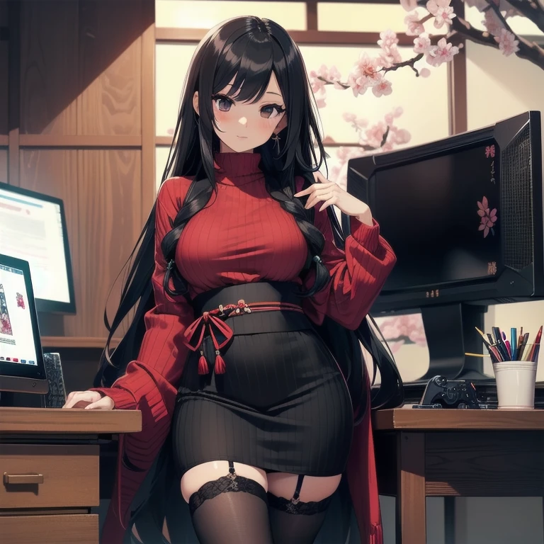 1girl, anime, black eyes, long black hair with square bangs, very long black hair, super long black hair, skirt and stockings, heels, black Japanese style kimono mixed with ribbed black sweater with red accents and sakura floral design, ((ribbed black sweater)) adult, (Japanese shrine/temple background), gamer, (((gamergirl))), (((office lady))), kimono sleeves, garter, graceful, (nerdy), ((large chest)), ((big chest)), (busty)