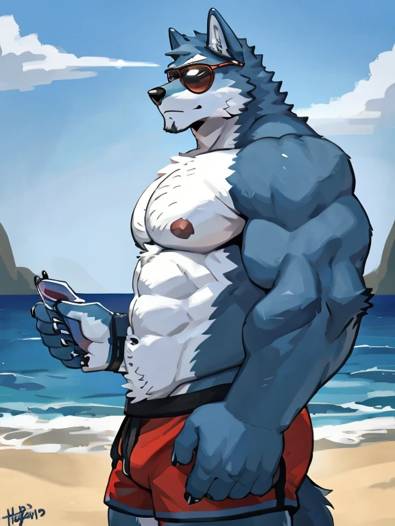 1 boy, solo, there is a blue wolf in a underwear, anthropology, wolf, hairy, blue and white fur, flex left arm muscles, korean muscle boy 2 1 years old, shirtless, the super hot and sexy, the extremely hot and sexy, robust stocky body, 30 year old man :: athletic, beach, half body, flex muscle, hlaf body, sunglasses, hand on sunglasses, less side view