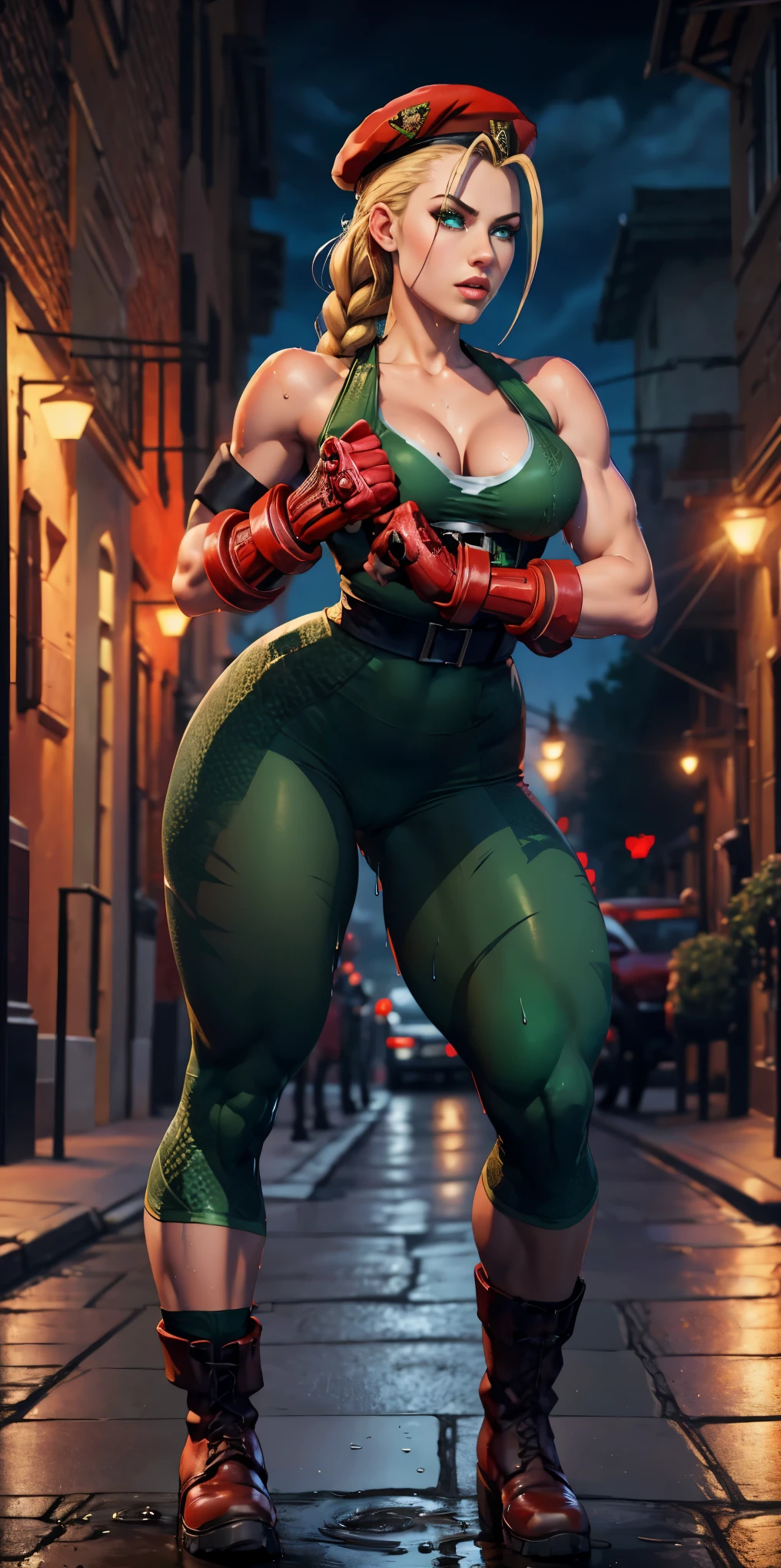 Best Quality, Masterpiece, Ultra High Resolution, rembrandt Lighting, night time, background dark, cammy street fighter, attractive, long blonde braided hair, wearing small red army beret hat, sexy singlet vibrant green outfit, wearing red combat gloves, combat boots, leggings, no cleavage, seductive, extra curves, wet skin,  breasts, white skin, 3/4 shot of adynamic combat pose, big thighs, slim waist, shy, sfw, scantily clad, ripped, revealing outfit, camel toe, flawless masterpiece kawaii, perfect body, perfect face, perfect hands, perfect fingers, sexy pose, PERFECT ANATOMY